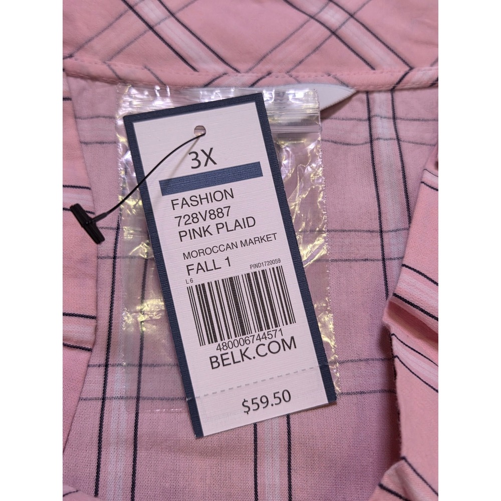 Crown & Ivy Curvy Womens 3X Pink Plaid Ruffle V-Neck 3/4 Sleeve Cotton Blouse - Picture 3 of 6